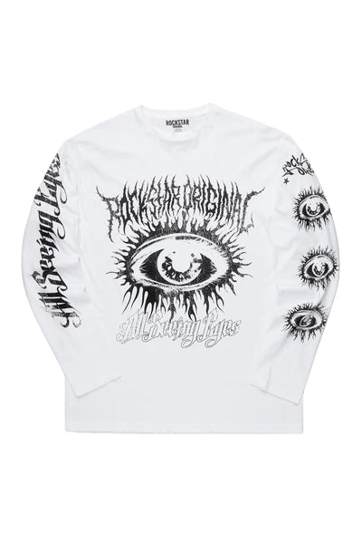 All seeing eyes white long sleeve graphic t-shirt