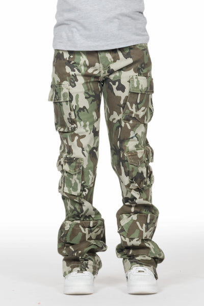 boys yves tree camo stacked flare cargo jean