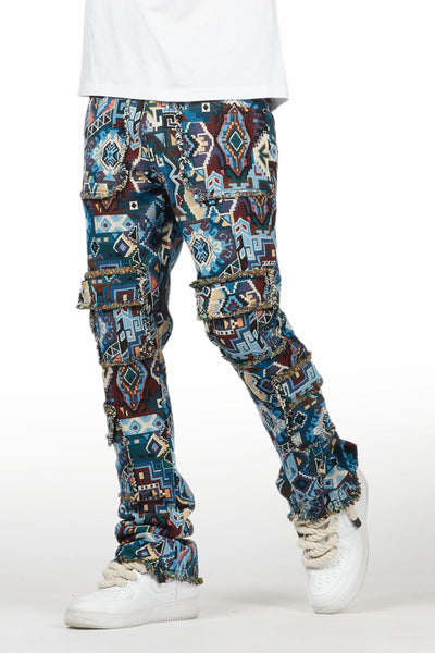tayami tapestry aqua cargo stacked flare jean