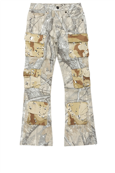 boys yves tree camo stacked flare cargo jean