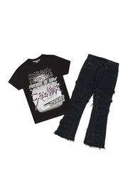 girls racing black t-shirt/stacked flare jean set