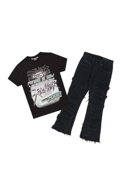 girls racing black t-shirt/stacked flare jean set