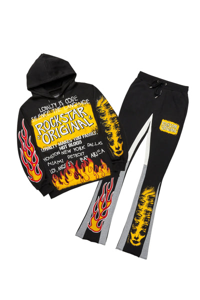 beno black/yellow stacked flare hoodie track set