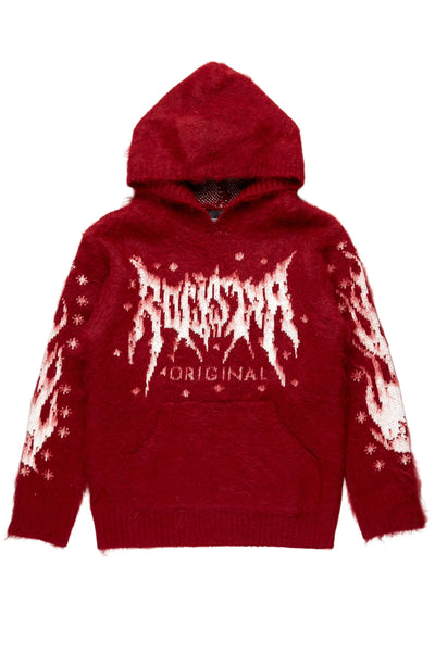 girls raymond red graphic knitted mohair hoodie