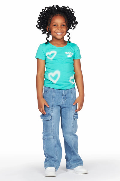 girls merald green t-shirt wide leg cargo jean set