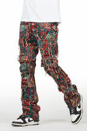 tayami tapestry aqua cargo stacked flare jean