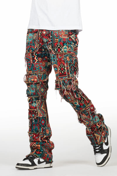 tayami tapestry aqua cargo stacked flare jean