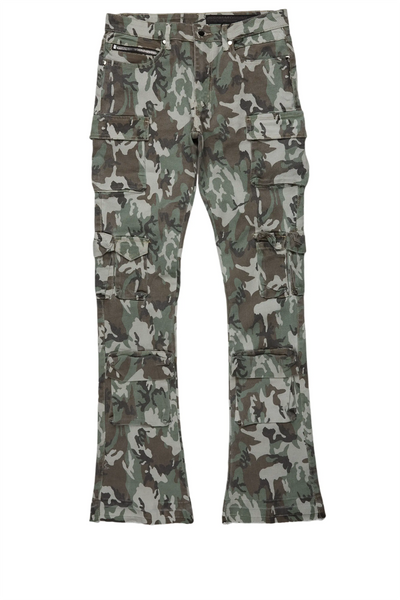 boys yves tree camo stacked flare cargo jean