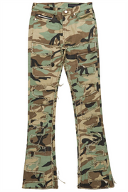 shake tree camo stacked flare jean