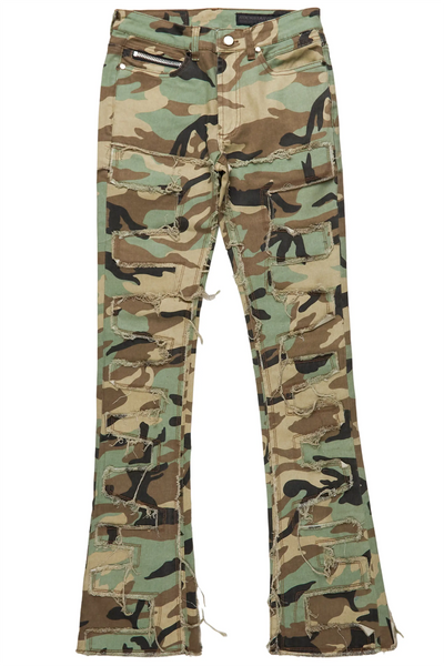 shake tree camo stacked flare jean