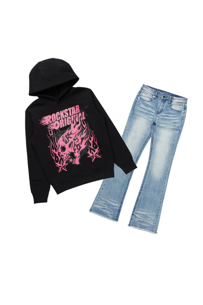 girls fire black/blue hoodie/stacked flare jean set