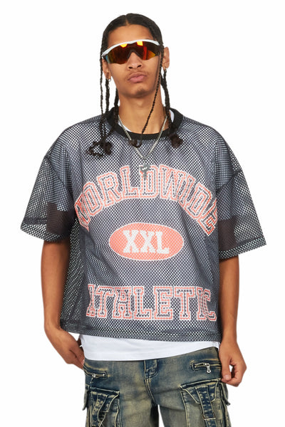 Sabas black graphic crop top mesh jersey