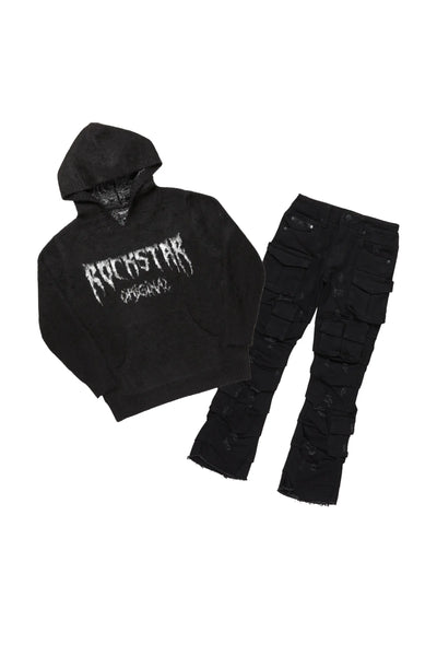 boys andros brown/tan mohair hoodie/stacked flare jean set