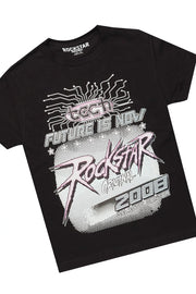 girls racing black t-shirt/stacked flare jean set