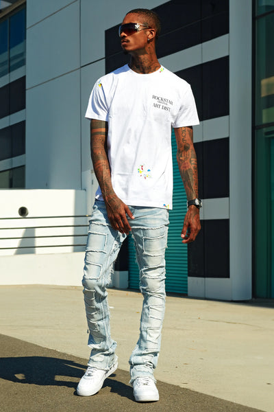 shake light blue stacked flare jean