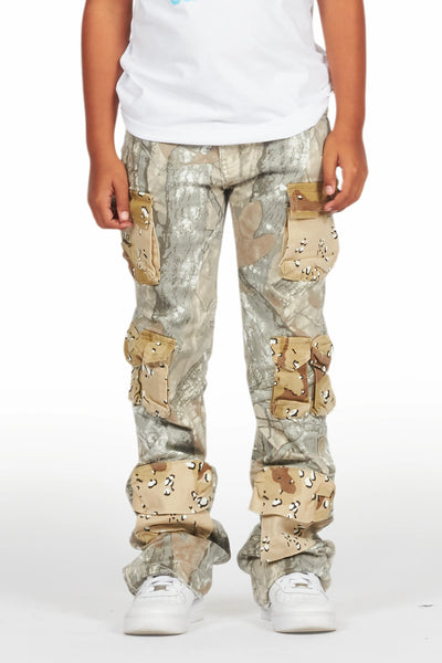 boys yves tree camo stacked flare cargo jean