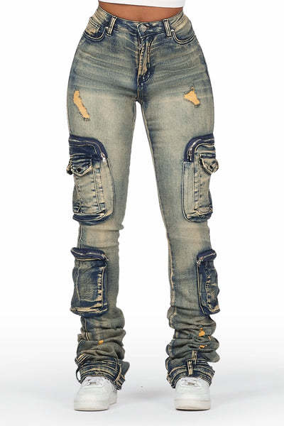 alisson dark wash tinted cargo super stacked jean