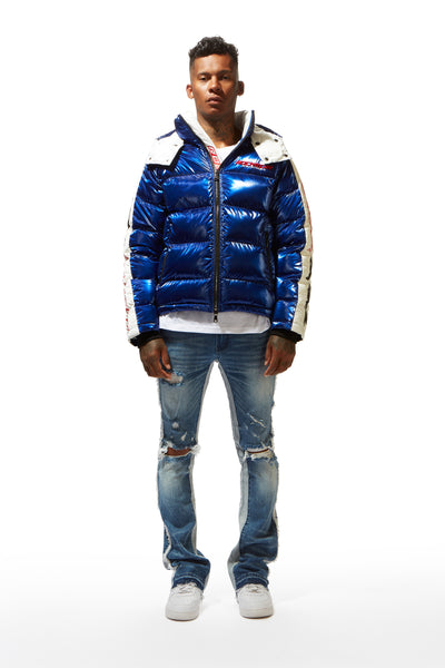 metallic royal blue alasia puffer jacket