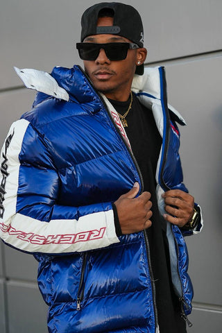metallic royal blue alasia puffer jacket